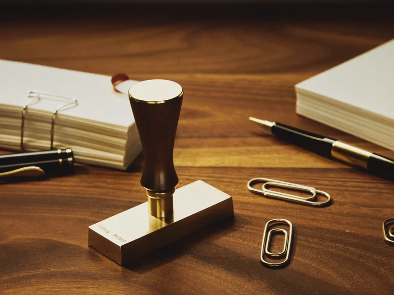 Illustration: Messingstempel, Büroklammern und Papier als Detailaufnahme eines Schreibtischs